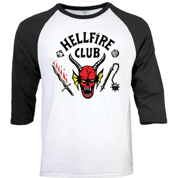 Hellfire Club Stranger Things T-Shirt, Black and White Raglan Baseball Tee, XL - Picture 1 of 6
